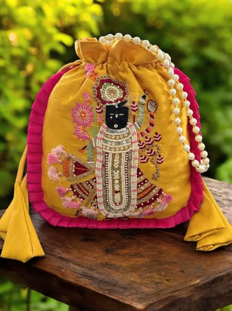 Sreenathji Designer Hand Embroidery Potli Bag (Yellow)