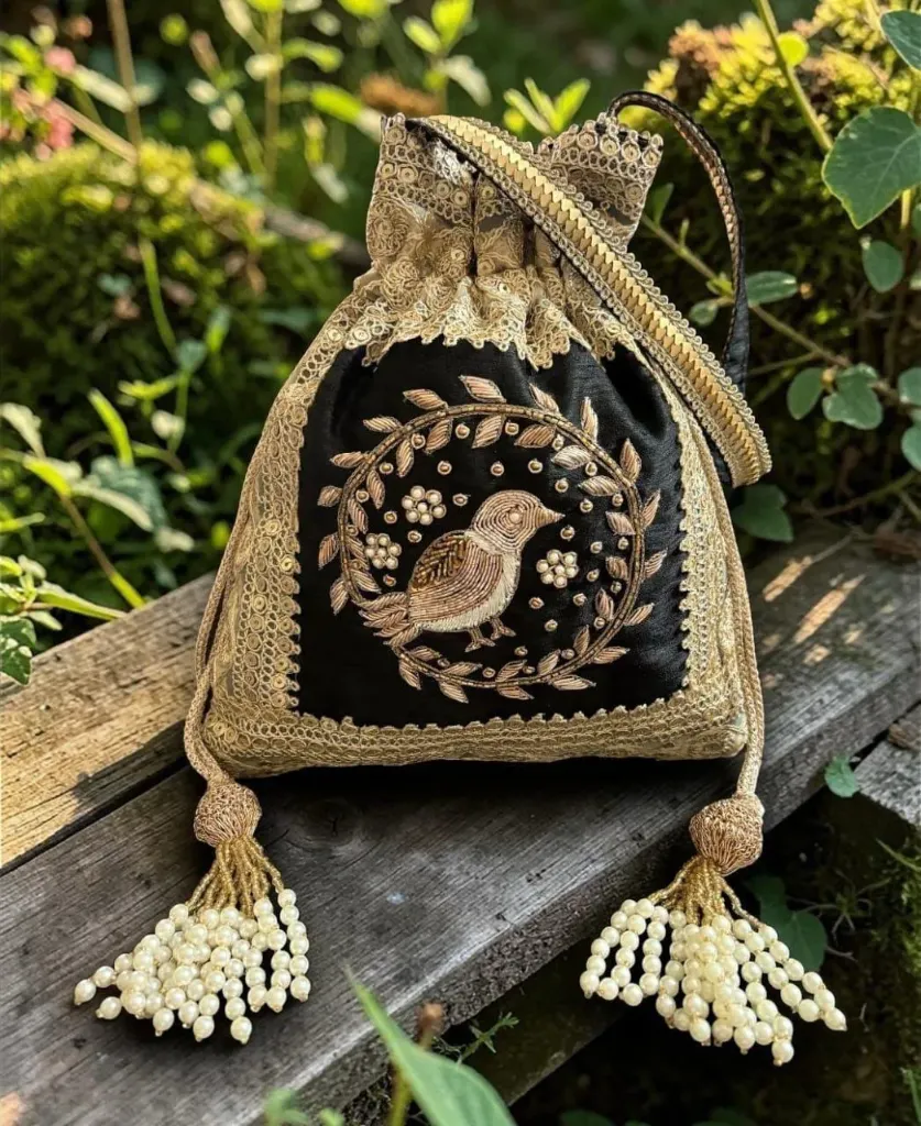 Bird embroidery Potli Bag (Black)