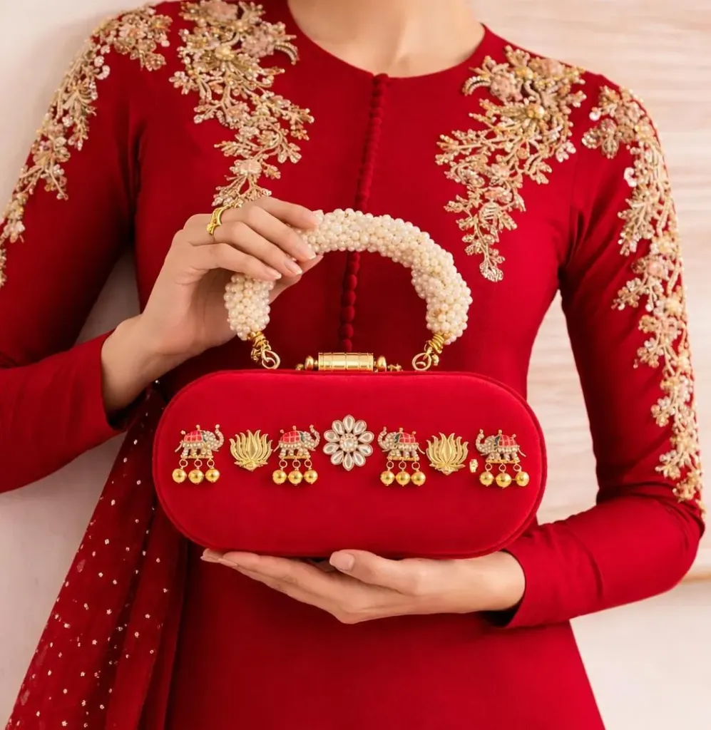 Gaj Ghungroo Kundan Clutches (Red)