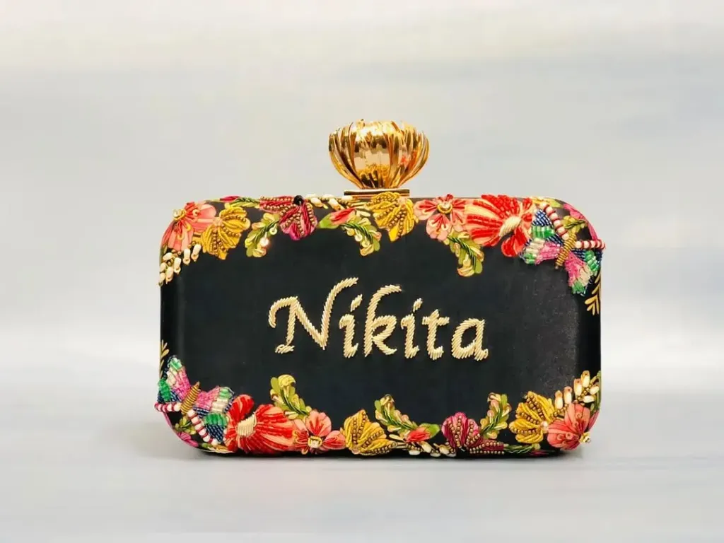 Customized Name Embroidery Highlight Party Clutch (Black)